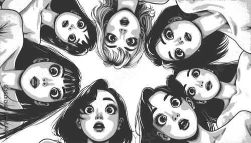 women peering down in a circle with surprised or curious expressions, ideal for teamwork or mystery themes sketch engraving generative ai vector illustration. Scratch board. Black and white image.