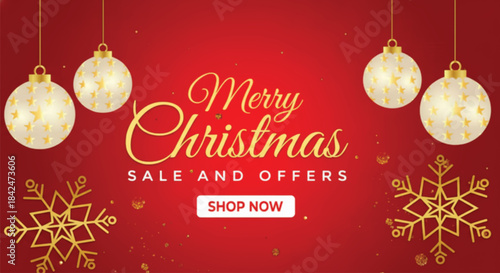 A festive banner design for Christmas sales and promotions featuring hanging white and gold ornaments and large golden snowflakes against a vibrant red background with subtle glitter effects. 