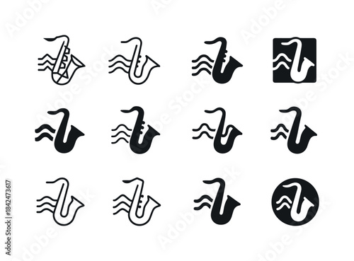 Jazz Icon Logo Variations. A jazz musician playing a saxophone i