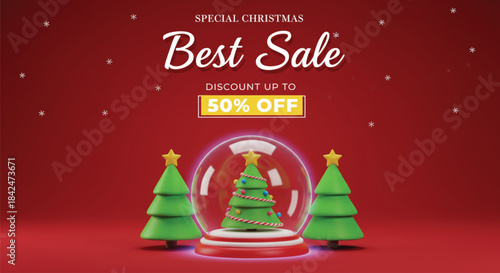 A special christmas best sale discount up to 50% off with snow globe and trees