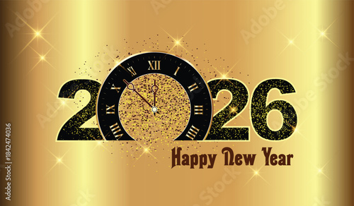 2026 Happy New Year card vector illustration isolated on golden background. 