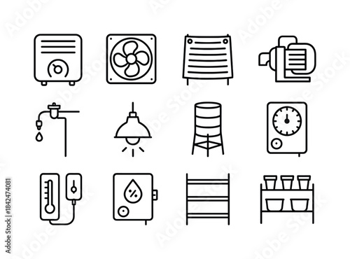 Greenhouse Equipment Icons. Greenhouse Equipment. Line icon set