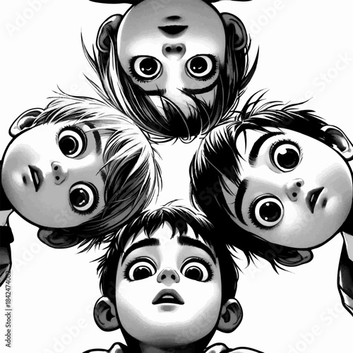 children peering down with wide eyes, creating a dramatic and playful perspective effect sketch engraving generative ai fictional character vector illustration. Scratch board. Black and white image.