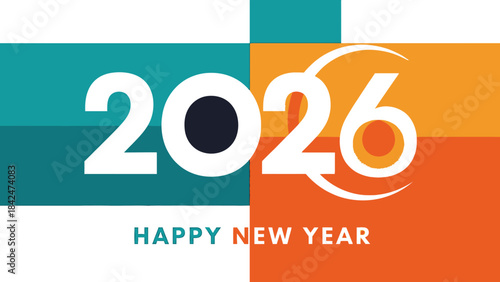 Happy New Year 2026 text with colorful abstract design elements and celebratory font