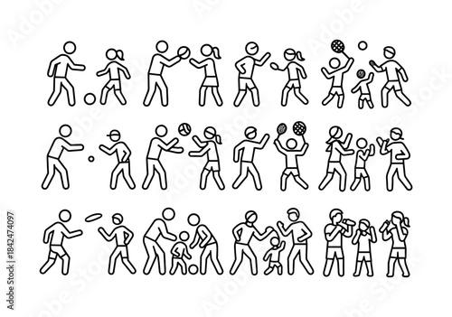 Family Sport Icons. A Family Playing a Sport Together. Line icon