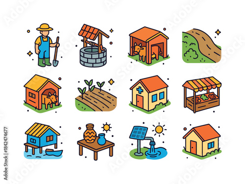 Rural Life Icons. Rural realities. Colorful isometric vector ico