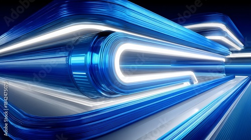 Fototapeta Naklejka Na Ścianę i Meble -  Modern abstract geometric design with flowing blue lines and bright white inner glow