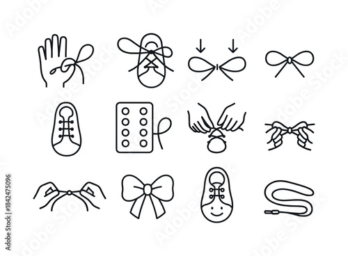 Kids Shoe Tying Icons. Kids Learning to Tie Shoes. Line icon set