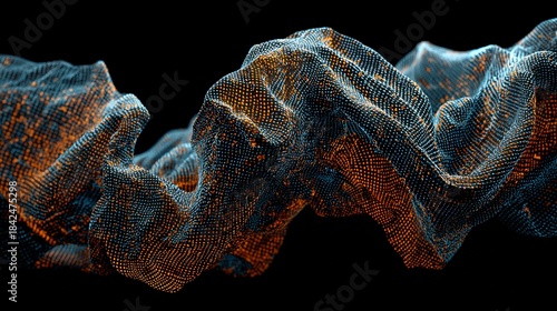 A wavy digital rendering composed of numerous blue dots speckled with orange particles on black