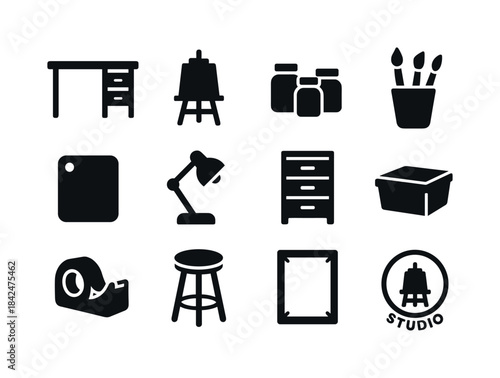 Studio Workspace Icons. Studio workspace. Solid icon set of stud