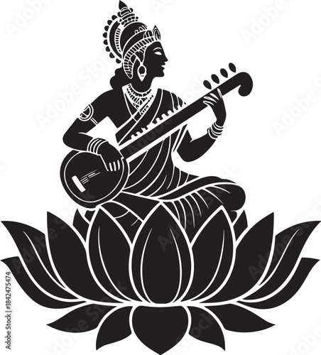 Minimal black silhouette of Goddess Saraswati sitting on lotus with veena on white background, clean flat vector Hindu festival icon design