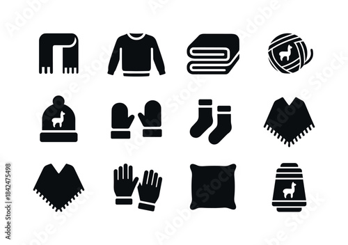 Alpaca Wool Icons. Alpaca wool products. Solid icon set of alpac