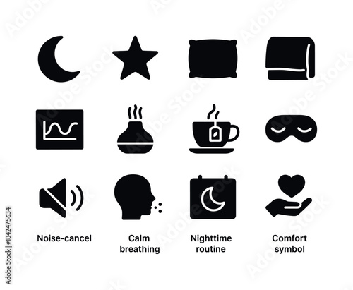 Sleep Wellness Icons. Sleep wellness. Solid icon set of sleep we