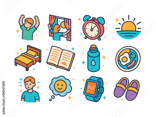 Morning Routine Icons. waking up habits. Colorful isometric vect