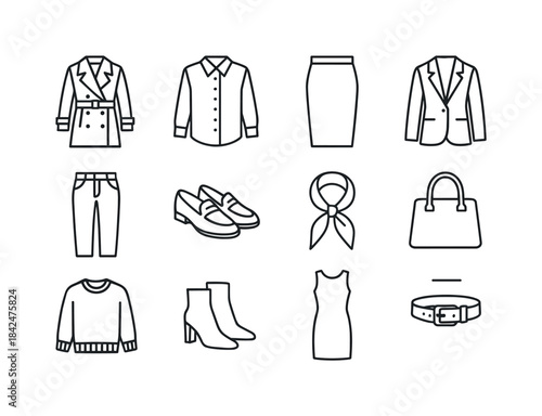 Timeless Fashion Icons. Timeless fashion pieces. Line icon set o