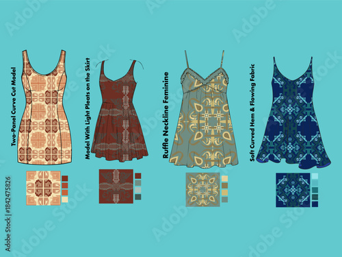 Ethnic Geometric Pattern Dress Designs Collection with Color Palettes - Vector Fashion Apparel