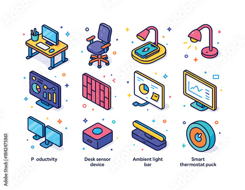 Smart Workspace Icons. smart workspaces. Colorful isometric vect
