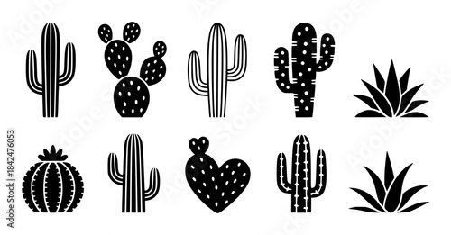 Collection of Nine Black Silhouette Cacti and Succulents