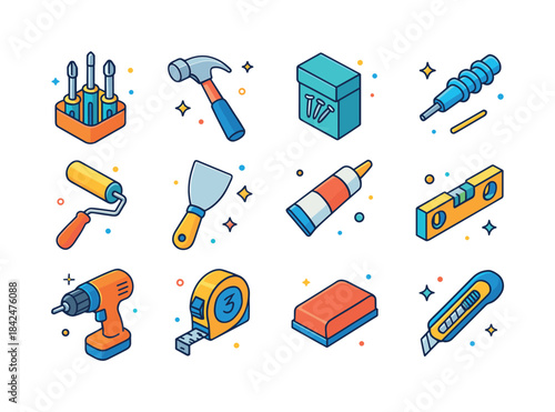 Household Repair Tools. Household repairs. Colorful isometric ve