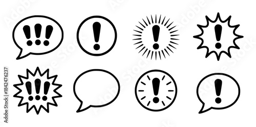 Seven black exclamation mark in various speech bubbles marks