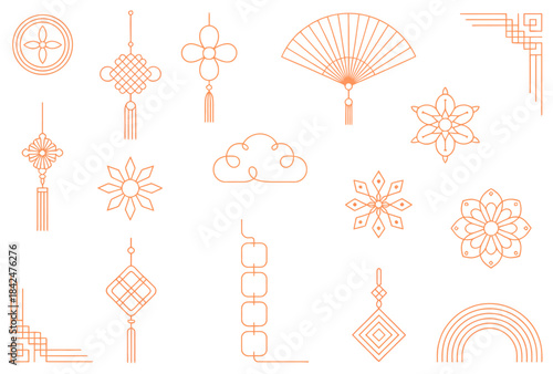 Traditional East Asian Orange Line Symbols and Patterns Collection