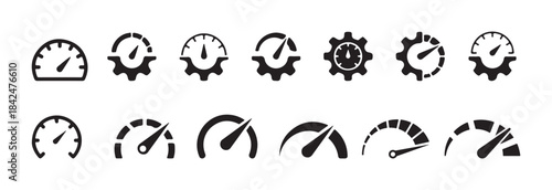 Set of black solid speedometer and gear gauge icons. Performance measurement symbols collection