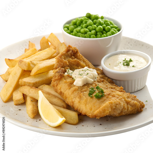 Golden Fried Fish, Chips, Peas & Tartar on transparent background