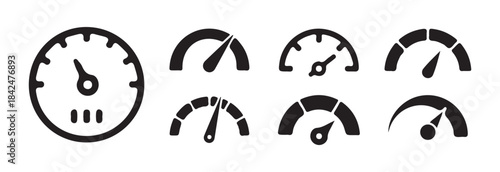 Set of black solid speedometer and gauge icons. Performance measurement symbols collection