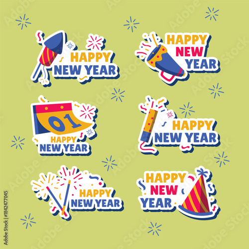 A collection of colorful new year celebration stickers with festive party elements