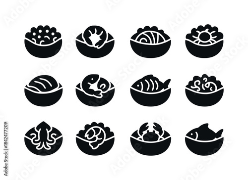 Seafood Pita Icons. Seafood pitas. Solid icon set of seafood pit