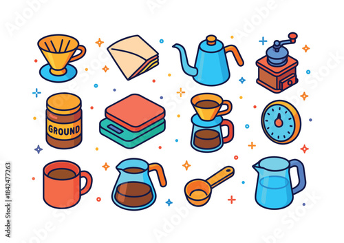 Home Coffee Icons. Home coffee brewing. Colorful isometric vecto