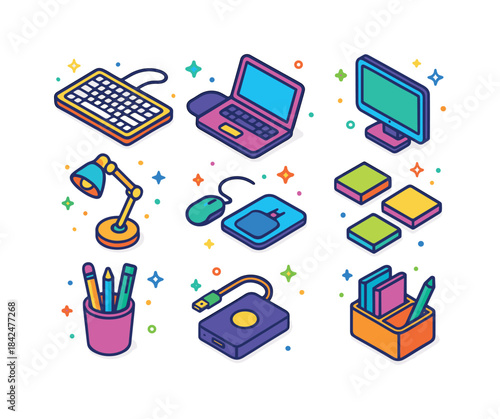 Colorful Office Icons. Home Office Essentials. Colorful isometri