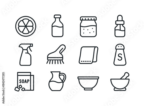 Natural Cleaning Icons. Natural cleaning methods. Line icon set