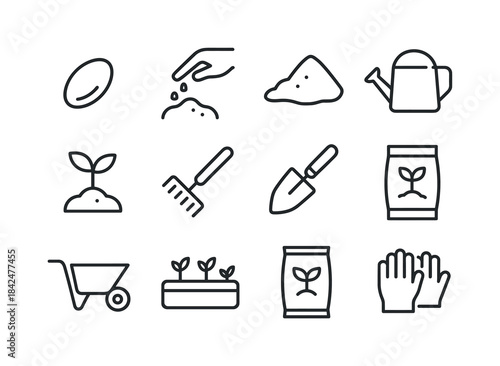 Sowing Icon Set. Sowing. Line icon set of Sowing: seed, hand pla