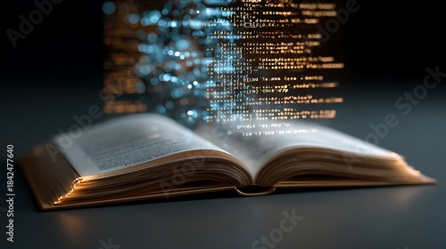 Open book with digital computer code hologram.