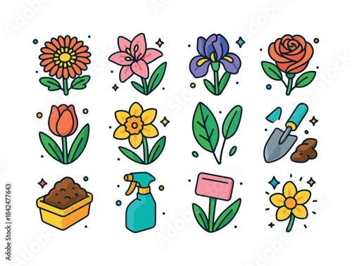 Garden Bloom Icons. garden blooms. Colorful isometric vector ico