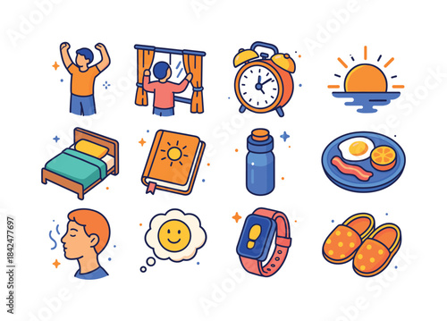 Morning Routine Icons. waking up habits. Colorful isometric vect