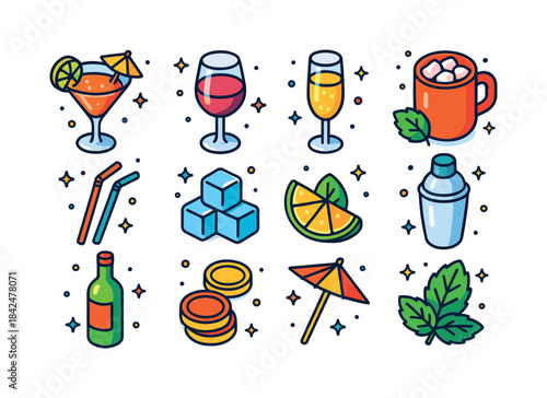 Festive Drink Icons. Festive Drinks. Colorful isometric vector i