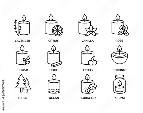 Scented Candle Icons. Scented Candles. Line icon set of Scented