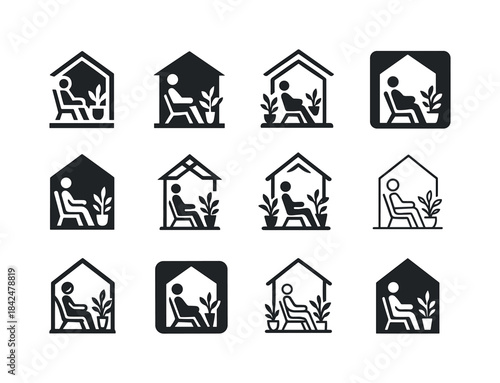 Porch Relaxation Icons. Relaxing on porch. Icon set. Set Logo of