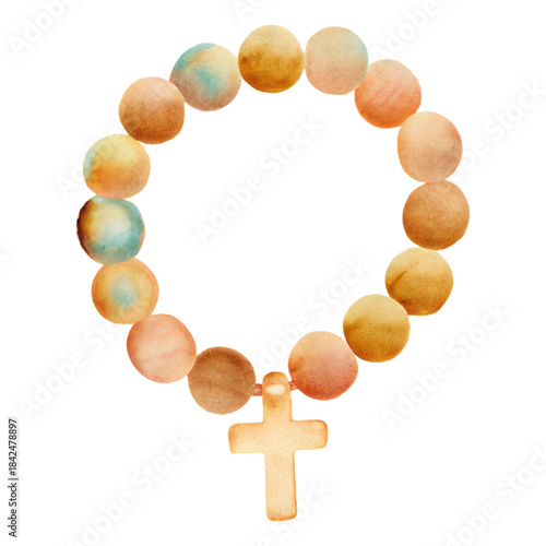 Foto Watercolor rosary beads with cross illustration in warm pastel tones