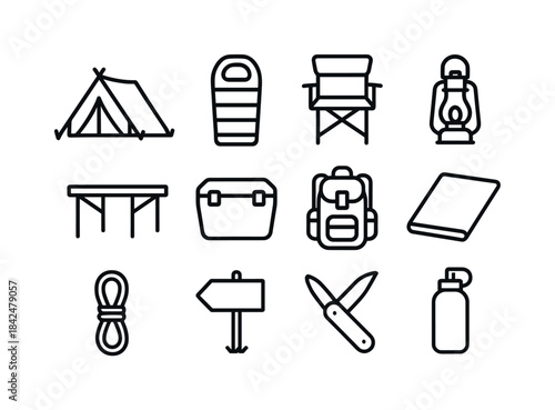 Campsite Icon Set. Campsite setup. Line icon set of campsite set