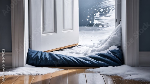 Snowy Entrance with Blue Draft Stopper Under Door