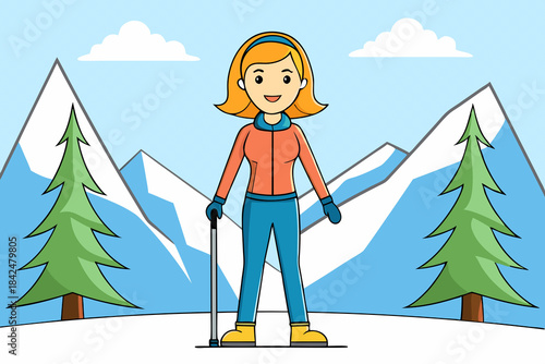 Smiling young woman with walking stick walks in winter forest in mountains