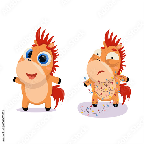 Set of horse vector illustrations. New Year, Christmas, holiday, emotions, joy, Horse, Chinese New Year, Horoscope