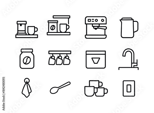 Home Coffee Icons. Home Coffee Stations. Line icon set of Home C