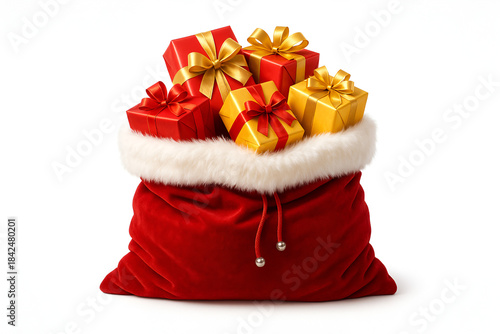 Large red santa claus sack bag overflowing with wrapped presents and gold gift boxes 