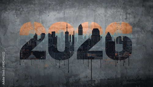 Displaying large graffiti 2020 numerals on worn concrete, showing skyline, orange arcs, drips