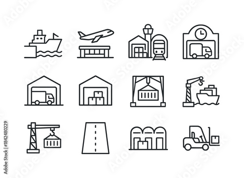 Transportation Hubs Icons. Transportation hubs. Line icon set of