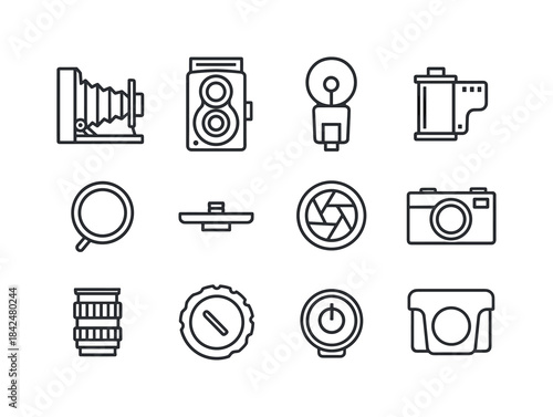 Vintage Camera Icons. Vintage camera gear. Line icon set of vint